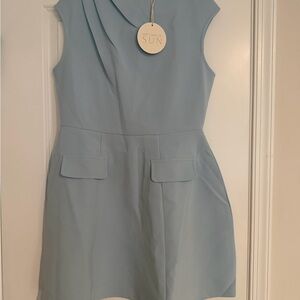 Sleeveless Light Blue Mini Dress with Flap Pockets